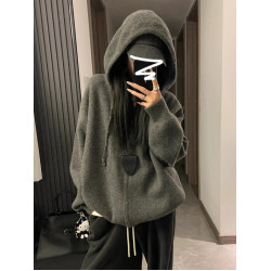 慵懶老錢風灰色拉鍊連帽毛衣外套女秋冬季軟糯浣熊絨針織衛衣開衫