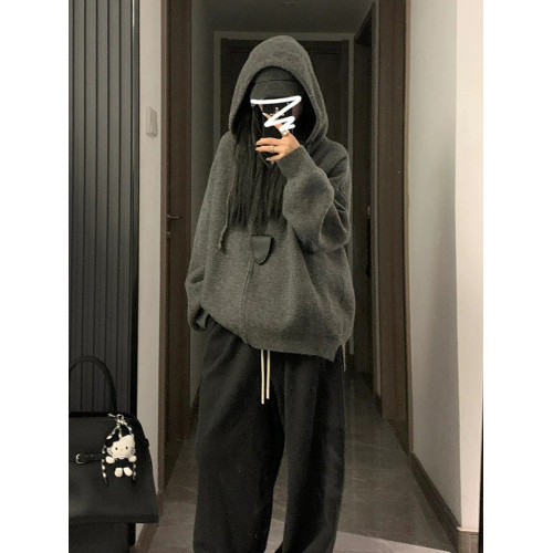 慵懶老錢風灰色拉鍊連帽毛衣外套女秋冬季軟糯浣熊絨針織衛衣開衫