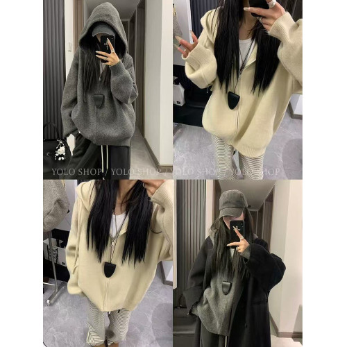 慵懶老錢風灰色拉鍊連帽毛衣外套女秋冬季軟糯浣熊絨針織衛衣開衫