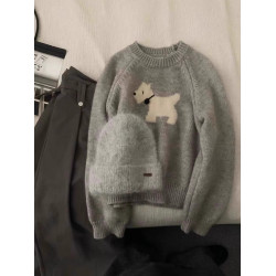 慵懶風提花套頭卡通小狗毛衣女秋冬韓國東大門內搭針織衫灰色上衣