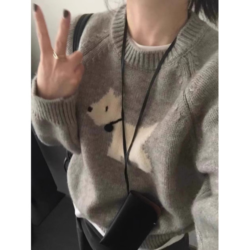慵懶風提花套頭卡通小狗毛衣女秋冬韓國東大門內搭針織衫灰色上衣