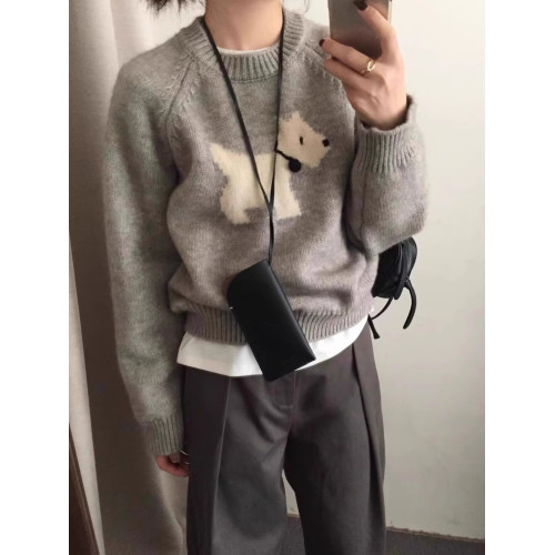 慵懶風提花套頭卡通小狗毛衣女秋冬韓國東大門內搭針織衫灰色上衣