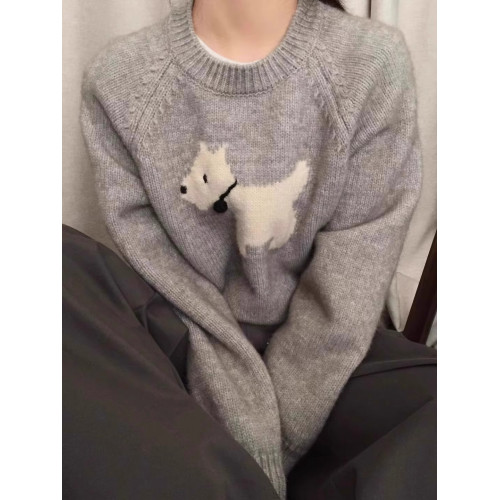 慵懶風提花套頭卡通小狗毛衣女秋冬韓國東大門內搭針織衫灰色上衣