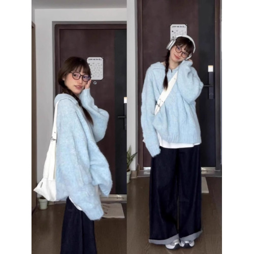 韓系baby藍色套頭長袖毛衣女秋冬軟糯慵懶風小衆寬松顯瘦針織上衣