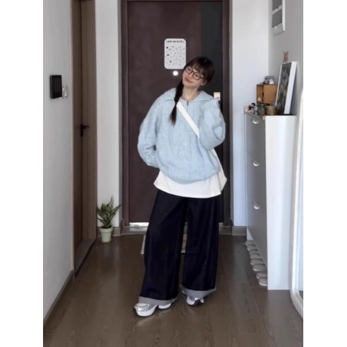韓系baby藍色套頭長袖毛衣女秋冬軟糯慵懶風小衆寬松顯瘦針織上衣