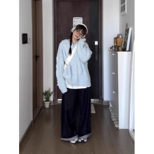 韓系baby藍色套頭長袖毛衣女秋冬軟糯慵懶風小衆寬松顯瘦針織上衣