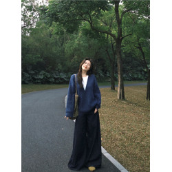 秋冬新款加厚保暖藏藍色長袖V領毛衣上衣高級感寬松軟糯糯針織衫