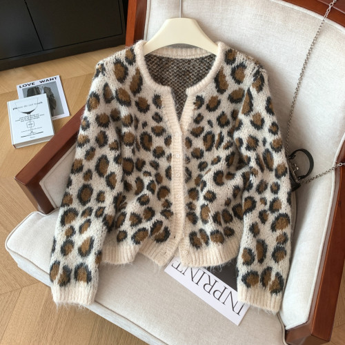 美式慵懶軟糯豹紋開衫外套毛衣女秋冬設計感洋氣寬松針織衫上衣潮