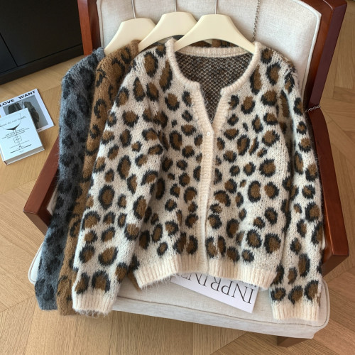 美式慵懶軟糯豹紋開衫外套毛衣女秋冬設計感洋氣寬松針織衫上衣潮