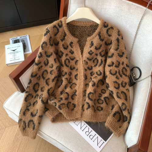 美式慵懶軟糯豹紋開衫外套毛衣女秋冬設計感洋氣寬松針織衫上衣潮