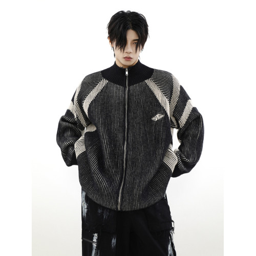 美式復古拼接條紋拉鍊開衫毛衣外套男生高級感vintage立領針織衫 美式復古拼接條紋拉鍊開衫毛衣外套男生高級感vintage立領針織衫