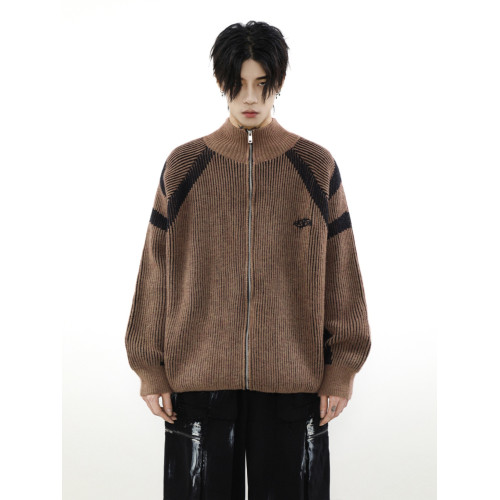 美式復古拼接條紋拉鍊開衫毛衣外套男生高級感vintage立領針織衫 美式復古拼接條紋拉鍊開衫毛衣外套男生高級感vintage立領針織衫