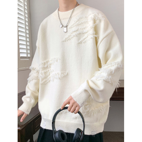 個性圓領毛衣男秋冬季加絨加厚寬松針織衫男日系復古慵懶線衣外套