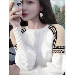 法式復古慵懶白色拼接毛衣針織打底衫女內搭秋冬燈籠長袖修身上衣