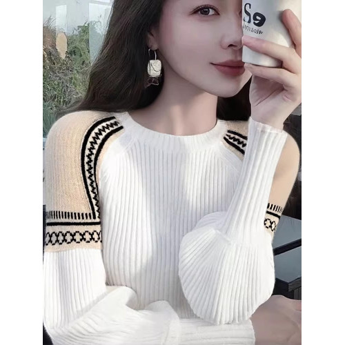 法式復古慵懶白色拼接毛衣針織打底衫女內搭秋冬燈籠長袖修身上衣