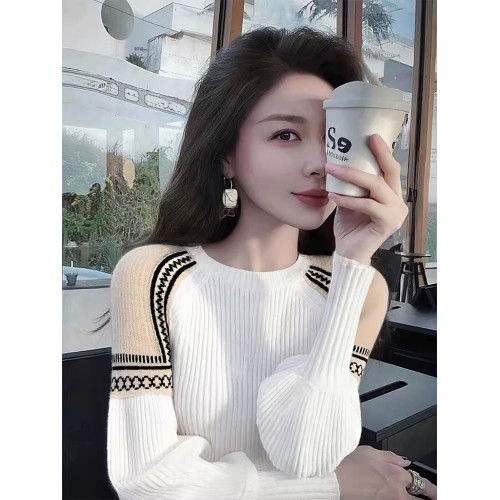 法式復古慵懶白色拼接毛衣針織打底衫女內搭秋冬燈籠長袖修身上衣