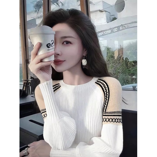 法式復古慵懶白色拼接毛衣針織打底衫女內搭秋冬燈籠長袖修身上衣