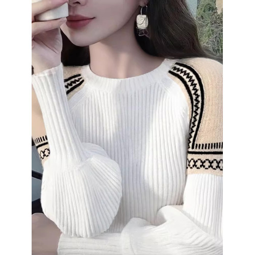 法式復古慵懶白色拼接毛衣針織打底衫女內搭秋冬燈籠長袖修身上衣