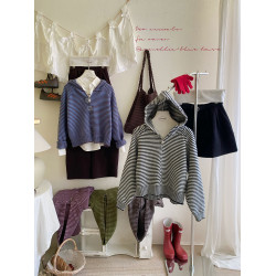 復古條紋撞色連帽針織開衫女秋冬韓系雙拉鍊休閒寬松顯瘦外套毛衣