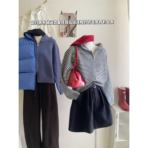 復古條紋撞色連帽針織開衫女秋冬韓系雙拉鍊休閒寬松顯瘦外套毛衣