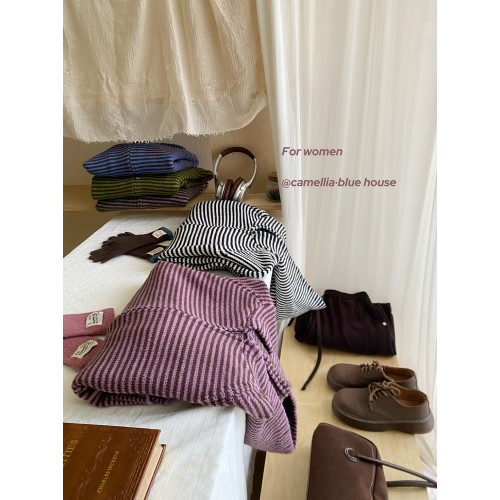 復古條紋撞色連帽針織開衫女秋冬韓系雙拉鍊休閒寬松顯瘦外套毛衣