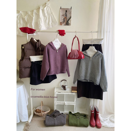 復古條紋撞色連帽針織開衫女秋冬韓系雙拉鍊休閒寬松顯瘦外套毛衣