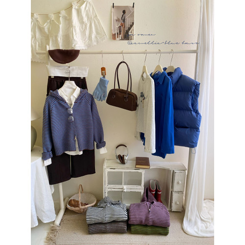 復古條紋撞色連帽針織開衫女秋冬韓系雙拉鍊休閒寬松顯瘦外套毛衣