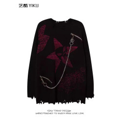 美式高街鏈子毛衣男女亞文化破洞歐美秋冬嘻哈百搭暗黑針織衫上衣