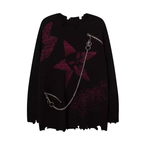 美式高街鏈子毛衣男女亞文化破洞歐美秋冬嘻哈百搭暗黑針織衫上衣