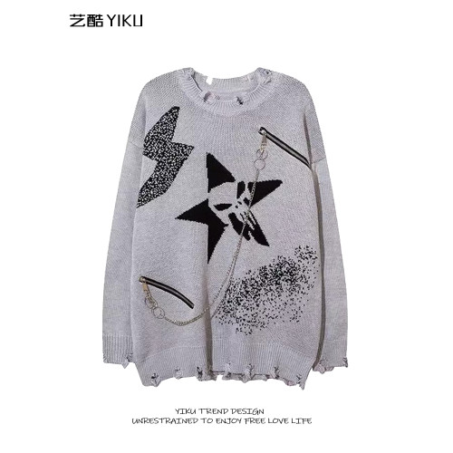 美式高街鏈子毛衣男女亞文化破洞歐美秋冬嘻哈百搭暗黑針織衫上衣