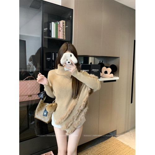 大碼女裝高領不規則慵懶秋冬款氛圍感蝙蝠袖軟糯毛毛拼接毛衣上衣