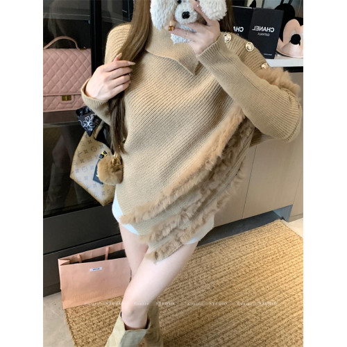 大碼女裝高領不規則慵懶秋冬款氛圍感蝙蝠袖軟糯毛毛拼接毛衣上衣