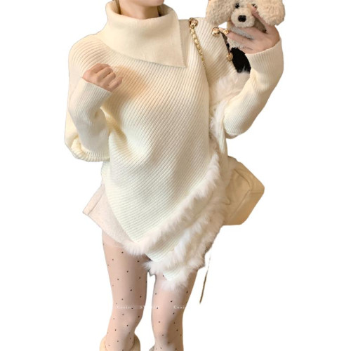 大碼女裝高領不規則慵懶秋冬款氛圍感蝙蝠袖軟糯毛毛拼接毛衣上衣