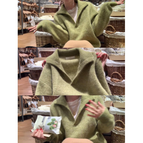 歐貨老錢風綠色v領馬海毛毛衣女秋冬慵懶高級感加厚翻領針織上衣