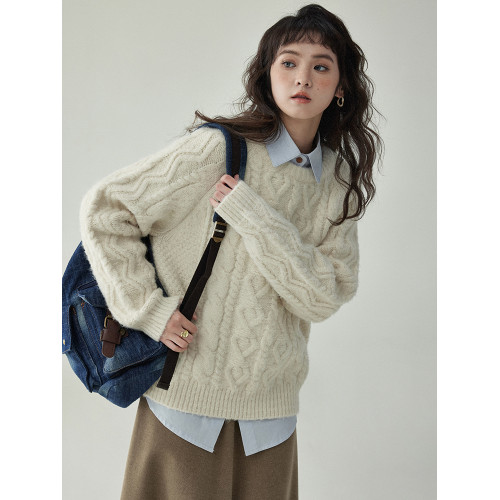 「北島AMUU」日系圓領寬松麻花毛衣秋冬溫柔軟糯加厚套頭內搭上衣