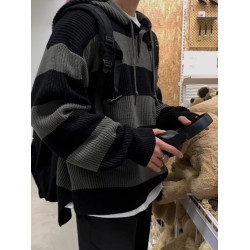 條紋毛衣男士秋冬新款美式復古潮牌針織衫寬松慵懶風連帽線衣外套