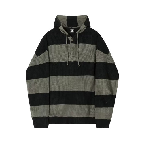 條紋毛衣男士秋冬新款美式復古潮牌針織衫寬松慵懶風連帽線衣外套 條紋毛衣男士秋冬新款美式復古潮牌針織衫寬松慵懶風連帽線衣外套