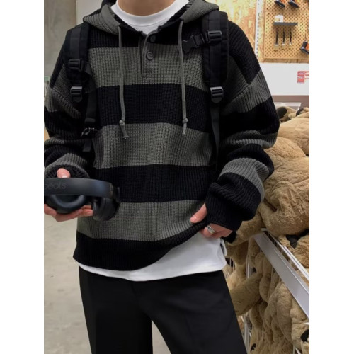 條紋毛衣男士秋冬新款美式復古潮牌針織衫寬松慵懶風連帽線衣外套 條紋毛衣男士秋冬新款美式復古潮牌針織衫寬松慵懶風連帽線衣外套