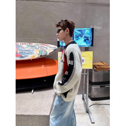 EAT 插肩撞色字母提花毛衣男美式復古半拉鍊翻領學院風慵懶針織衫