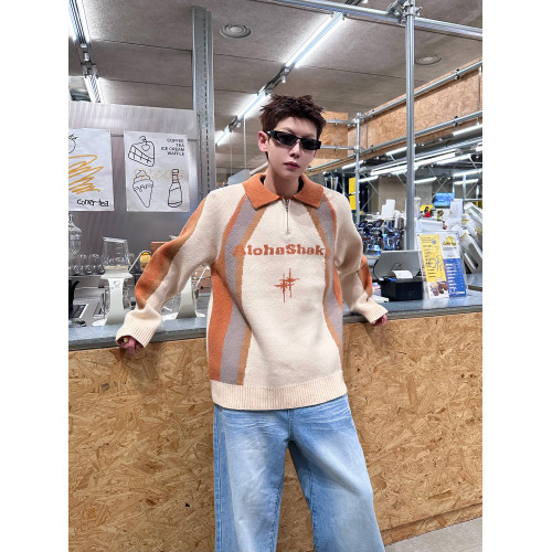 EAT 插肩撞色字母提花毛衣男美式復古半拉鍊翻領學院風慵懶針織衫 EAT 插肩撞色字母提花毛衣男美式復古半拉鍊翻領學院風慵懶針織衫