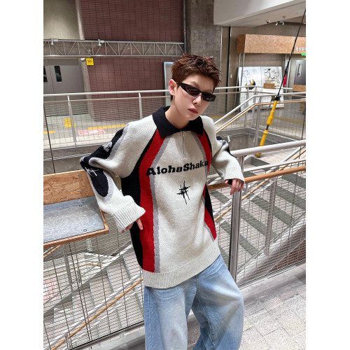 EAT 插肩撞色字母提花毛衣男美式復古半拉鍊翻領學院風慵懶針織衫 EAT 插肩撞色字母提花毛衣男美式復古半拉鍊翻領學院風慵懶針織衫