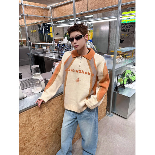 EAT 插肩撞色字母提花毛衣男美式復古半拉鍊翻領學院風慵懶針織衫 EAT 插肩撞色字母提花毛衣男美式復古半拉鍊翻領學院風慵懶針織衫