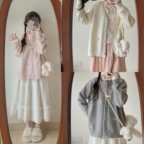 自製少女軟妹可愛蝴蝶結刺綉毛衣開衫圓領寬松針織外套學生百搭 自製少女軟妹可愛蝴蝶結刺綉毛衣開衫圓領寬松針織外套學生百搭