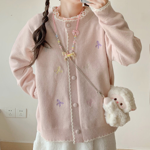 自製少女軟妹可愛蝴蝶結刺綉毛衣開衫圓領寬松針織外套學生百搭 自製少女軟妹可愛蝴蝶結刺綉毛衣開衫圓領寬松針織外套學生百搭