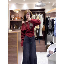 韓系復古紅色一字肩長袖毛衣女秋季高級感氣質顯瘦斜肩針織上衣潮