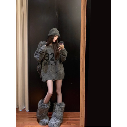 韓系寬松復古破洞灰色毛衣女秋冬設計感圓領字母針織衫中長款上衣