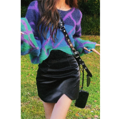 菱形格拼色軟糯短款毛衣女2025秋冬新款設計感小衆別致針織衫上衣