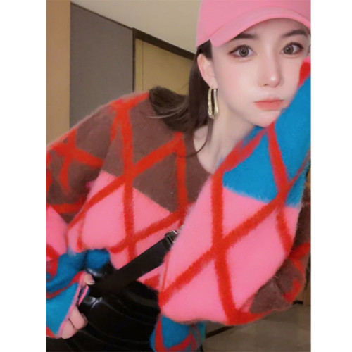 菱形格拼色軟糯短款毛衣女2025秋冬新款設計感小衆別致針織衫上衣