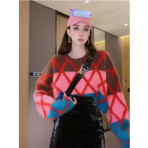 菱形格拼色軟糯短款毛衣女2025秋冬新款設計感小衆別致針織衫上衣