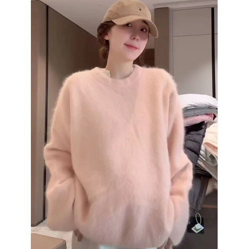 大碼溫柔慵懶風粉色圓領毛衣女秋冬新款胖mm寬松顯瘦針織衫小上衣